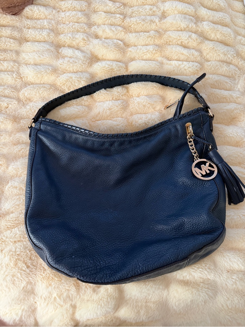 Michael Kors Navy Pebbled Leather Hobo with Tassel Charm